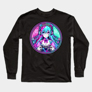 Neon pink blue gamer girl Long Sleeve T-Shirt